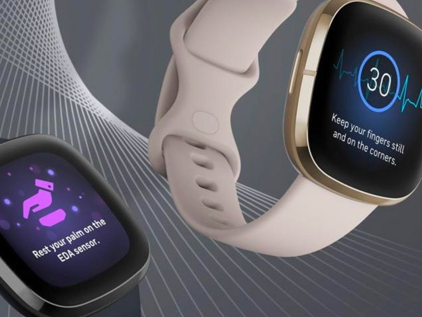 Promotional composition of floating Fitbit Sense watches in 3D space